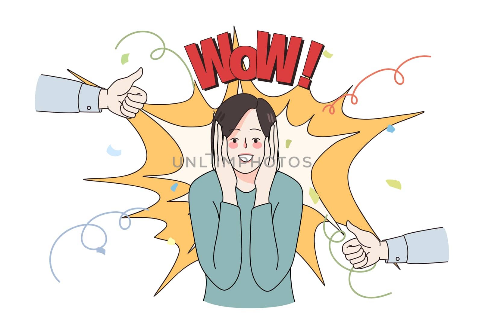 Excited young woman feel euphoric celebrate lottery win or victory. Overjoyed girl triumph with success, people show thumbs up congratulate female winner. Reward, wow concept. Vector illustration.