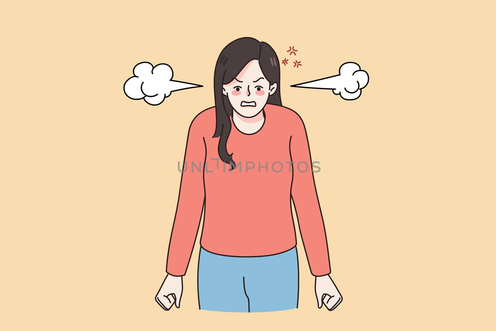 Furious young woman with steam blow from ears feel angry mad having life problems. Unhappy girl distressed and enraged. Emotion and anger control. Flat vector illustration.