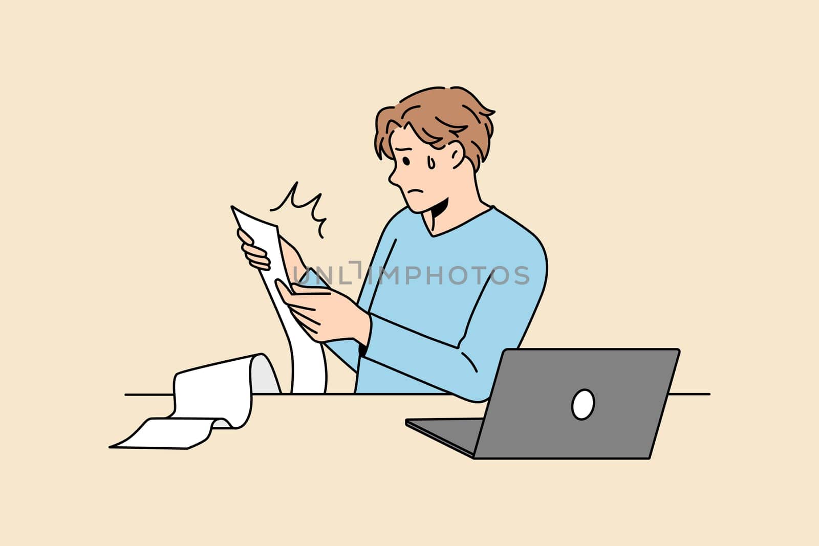 Financial crisis and expenses concept. Young man businessman or worker sitting reading long bill feeling stressed frustrated vector illustration