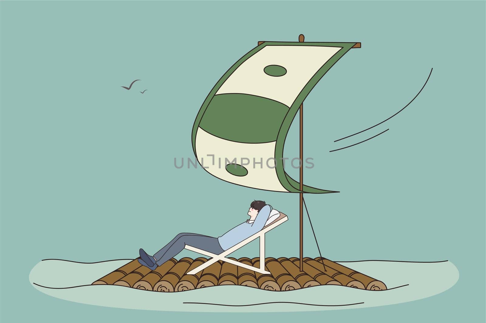 Happy successful young businessman on boat under dollar sail enjoy passive income or profit. Overjoyed man relax get dividend from good financial investment. Finance success. Vector illustration.