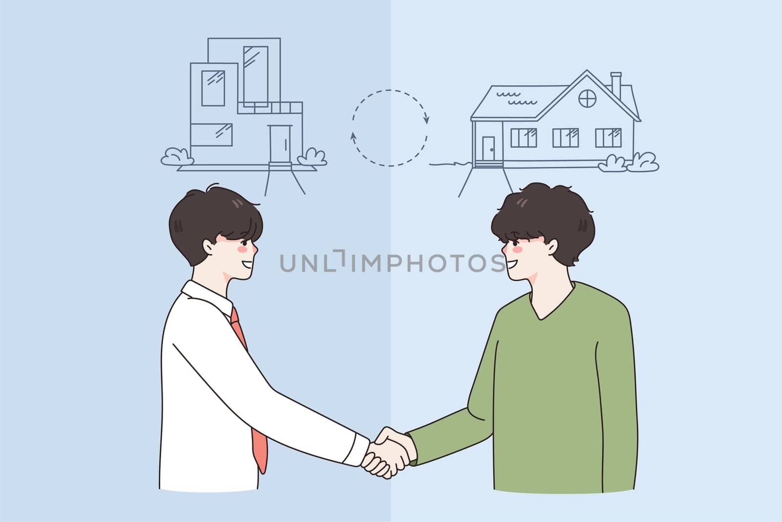 Happy men handshake make deal change houses. Smiling males shake hands make agreement sell and buy home or property. Real estate concept. Ownership and rental. Flat vector illustration.