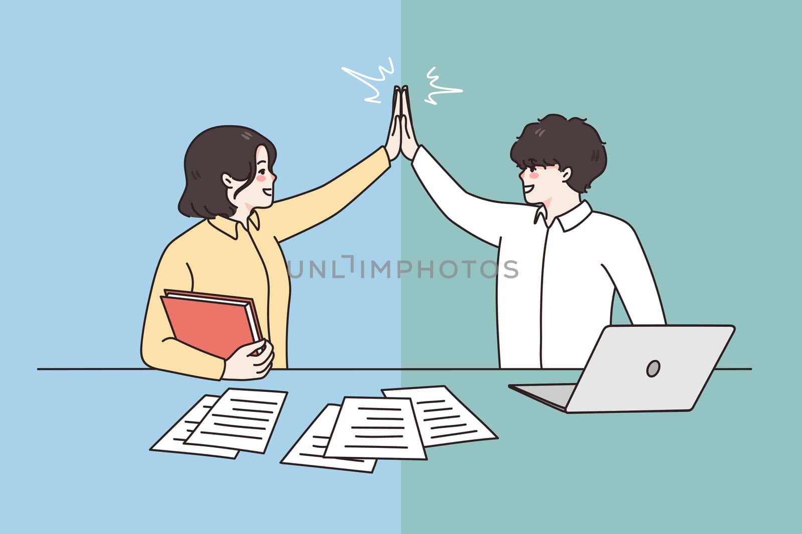 Happy businesspeople give high five celebrate shared success cooperating at computer in office. Smiling diverse business partners win or victory celebration. Teamwork concept. Vector illustration.