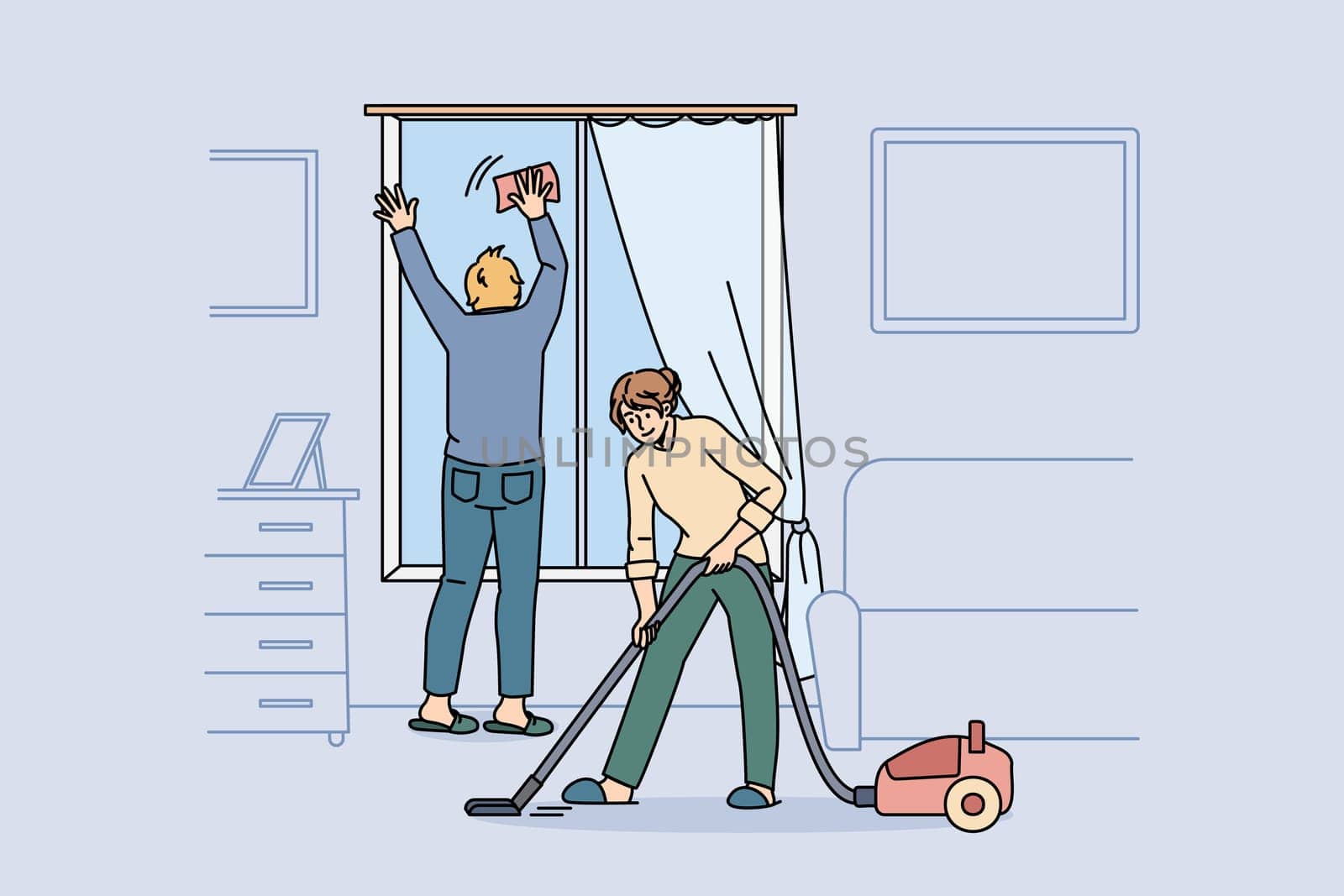 Housework and cleaning apartment concept. Young couple in home clothes cleaning window and vacuuming carpet together at home at weekend vector illustration