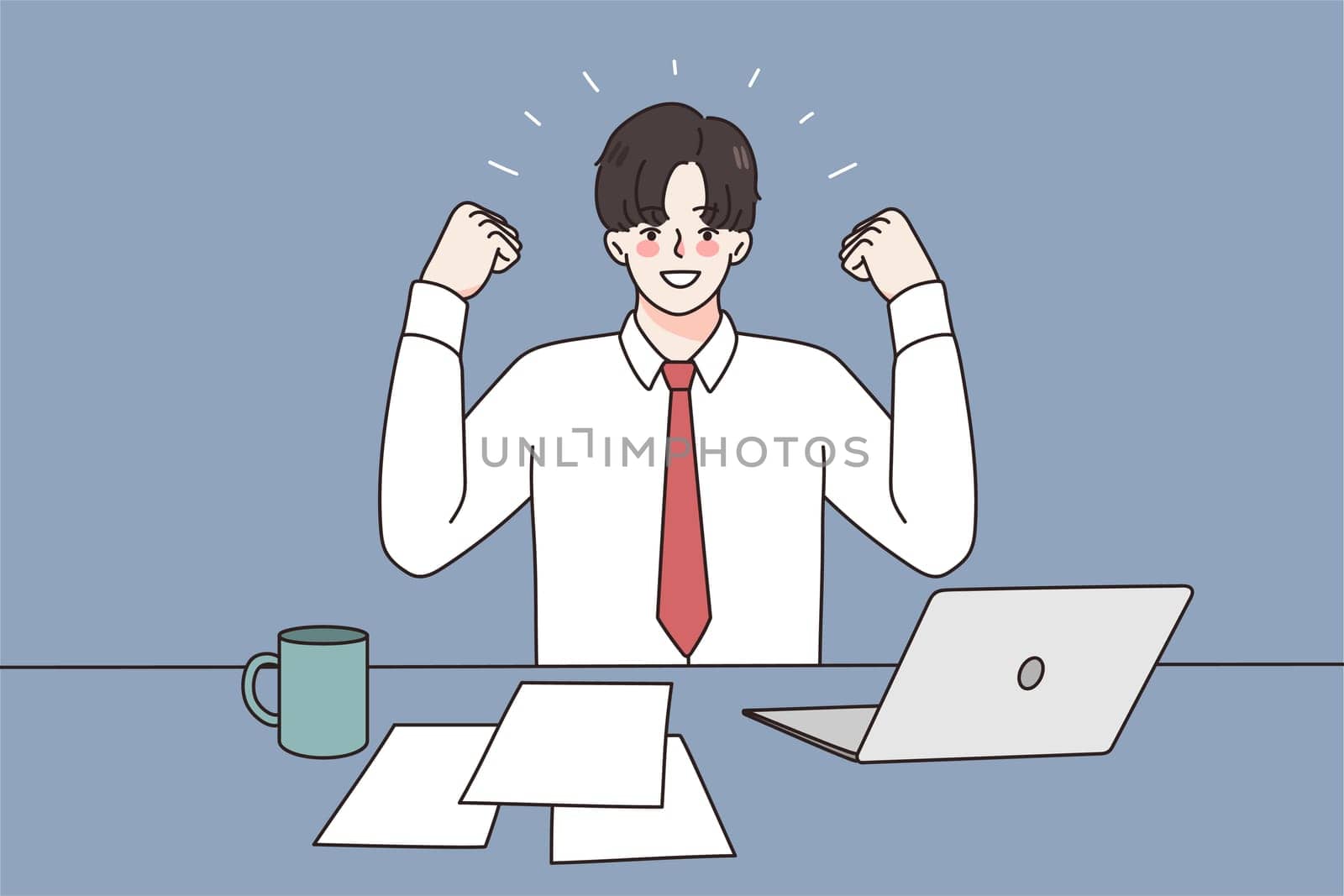 Overjoyed businessman feel euphoric with online deal or agreement on computer. Smiling man employee or worker triumph with job promotion. Hiring, employment concept. Flat vector illustration.