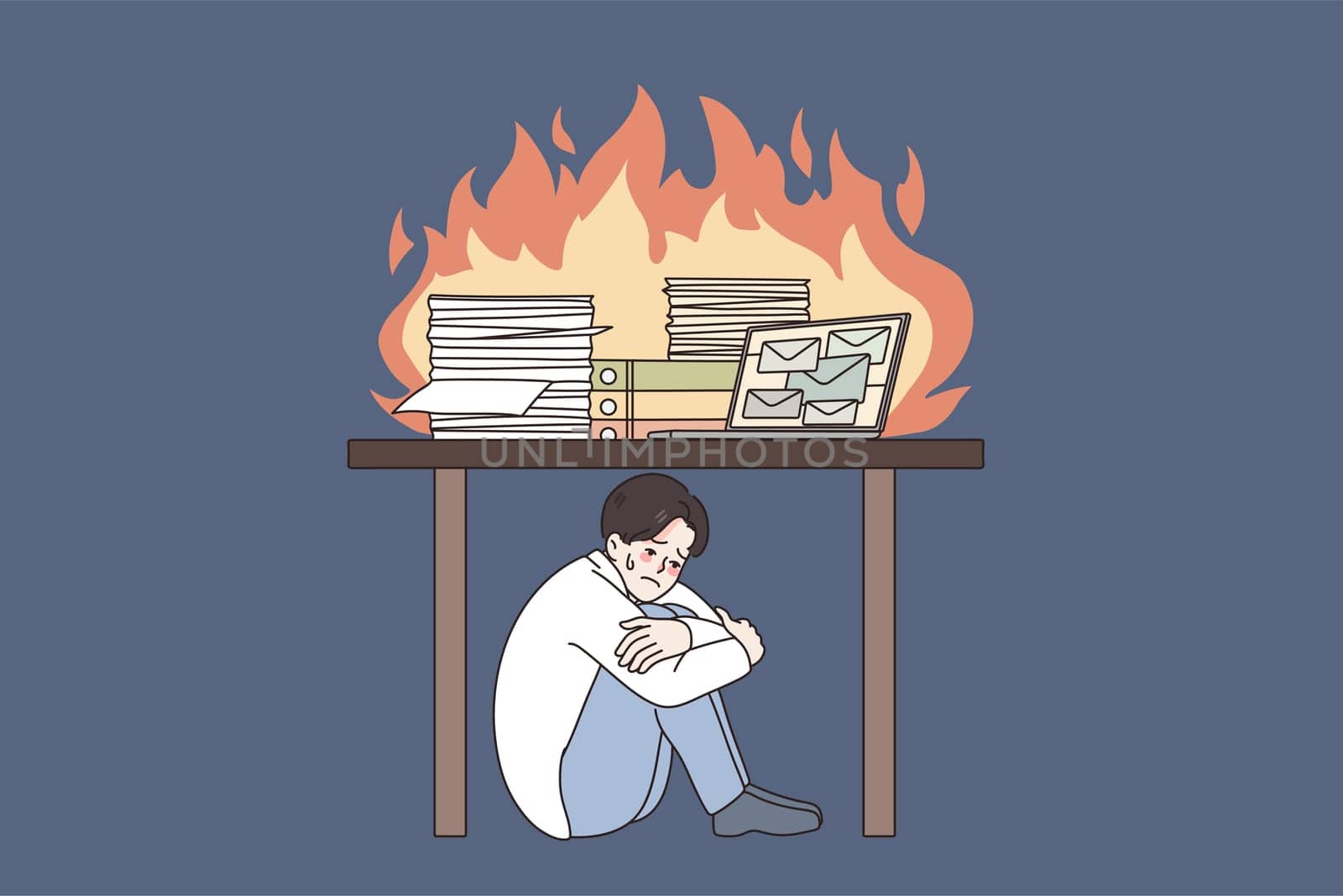 Unhappy stressed man under table frustrated by work burning desk have deadline in office. Upset businessman or employee distressed with job burnout. Stress concept. Vector illustration.