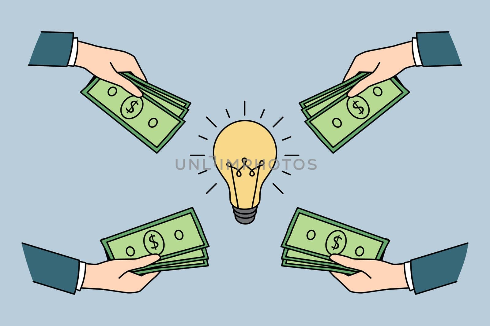 Investing money in good idea concept. Hands of investors business people giving money putting cash dollars to great business idea for development vector illustration