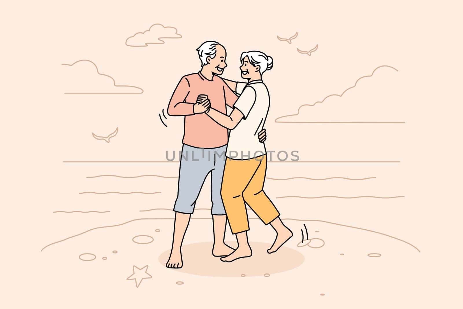 Happy active lifestyle of mature people concept. Smiling happy positive elderly couple man and woman standing dancing and enjoying weekend on beach vector illustration