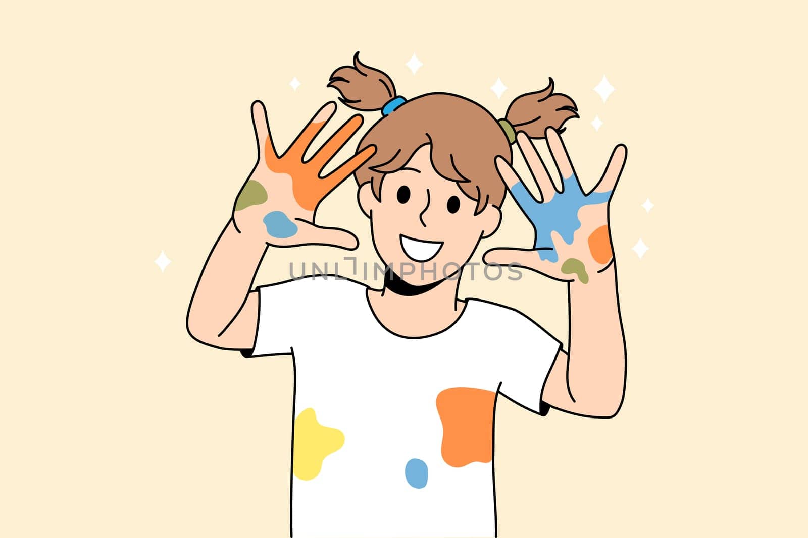 Drawing painting and children fun concept. Smiling girl kid standing showing hands with colorful dots after painting feeling cheerful vector illustration