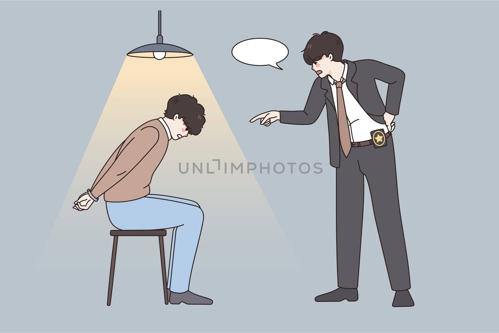 Police detective question interrogate criminal in handcuffs in department. Policeman have interrogation of suspect in cell after crime committing. Law and order, justice concept. Vector illustration.