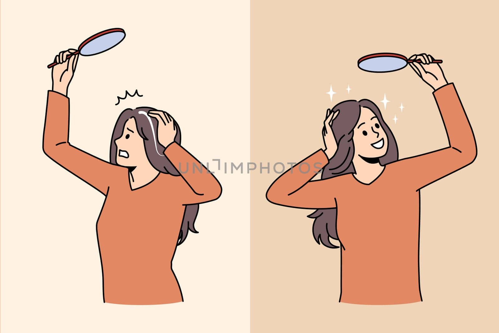 Grey hair and colored hair concept. Frustrated stressed woman seeing grey hair on head and happy one with colored hair looking at mirror vector illustration