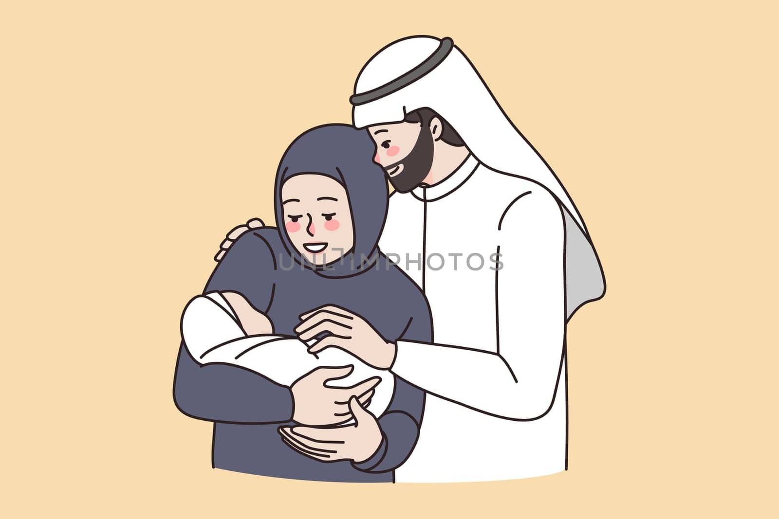 Happy Arabian family meet newborn baby. Smiling Muslim father and mother with little infant child. Arabic couple with small kid. Parenthood concept. Culture diversity. Flat vector illustration.