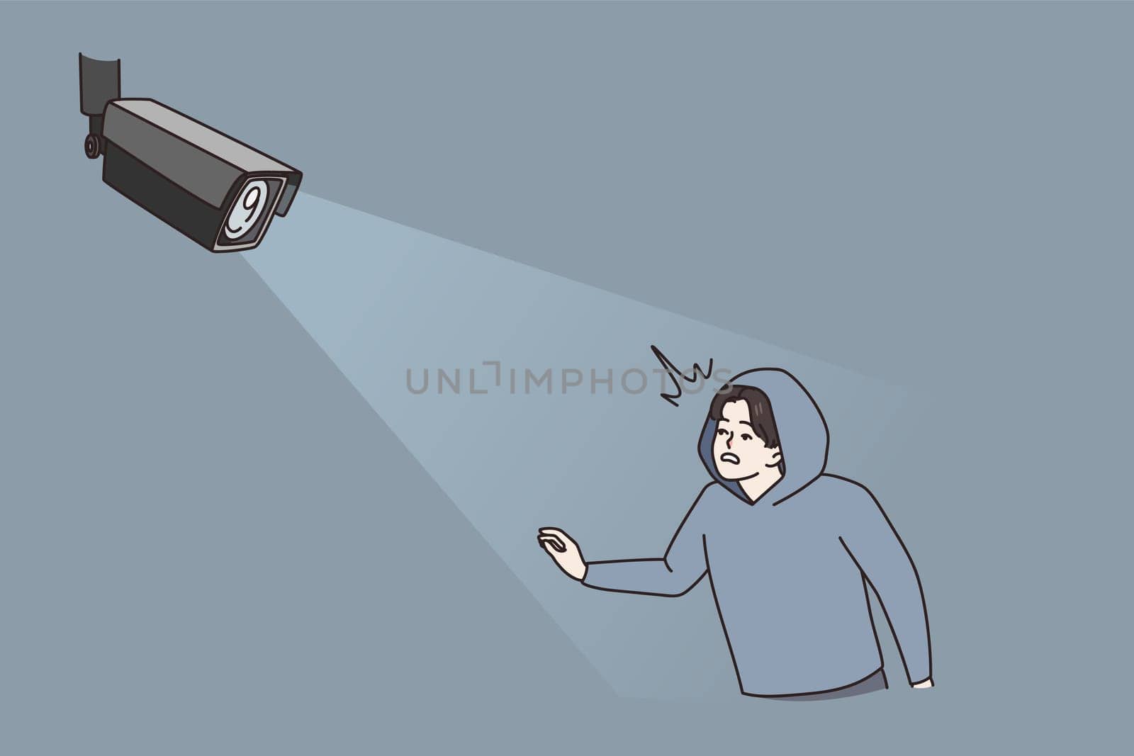 Digital camera catch criminal in light. CCTV modern cam detect monitor thief or burglar. Smart house automatic technology. House safety and security concept. Flat vector illustration.