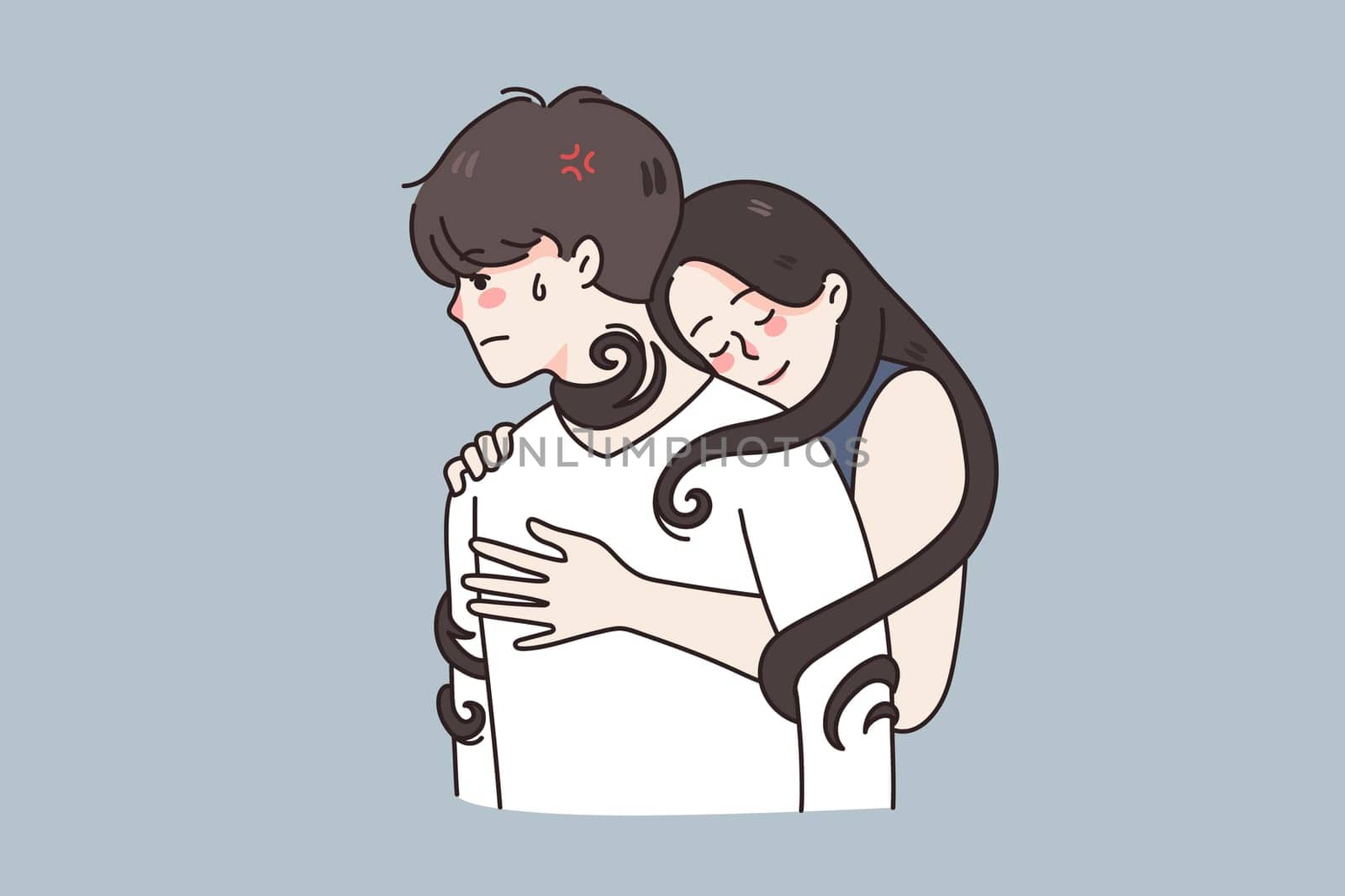 Young woman hug man tied to boyfriend in relationship. Girl embrace guy in codependent unhealthy couple relations. Psychology problem, codependency concept. Flat vector illustration.