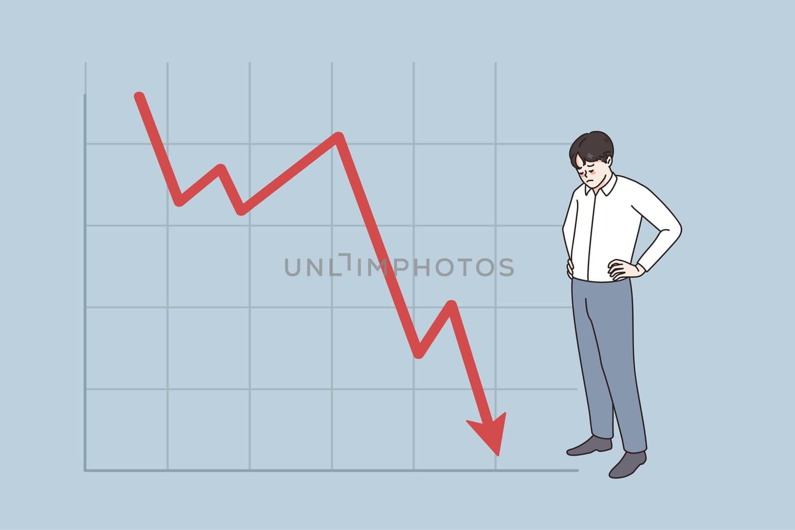 Unhappy businessman stand near graph going down distressed with business bankruptcy or crisis. Upset man employee or worker stressed with bad financial statistics. Flat vector illustration.