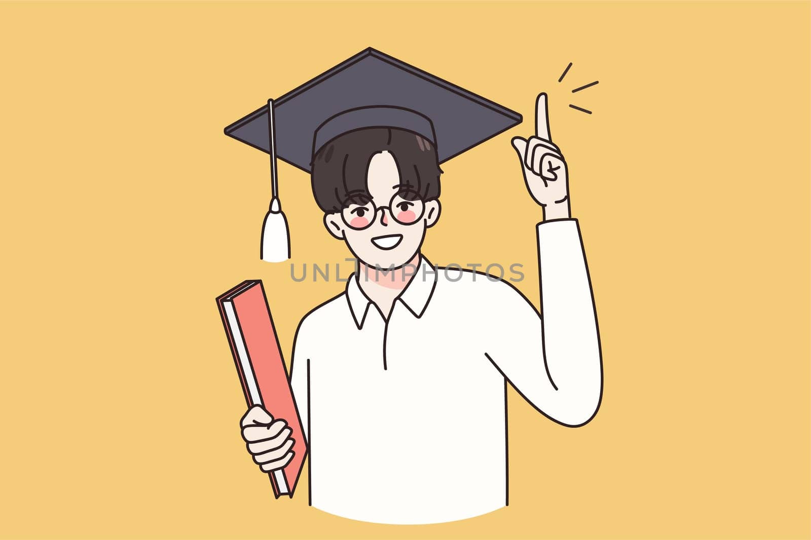 Happy guy in glasses and graduation cap feel overjoyed with school or college finish. Smiling man excited proud with university accomplishment. Education success concept. Vector illustration.