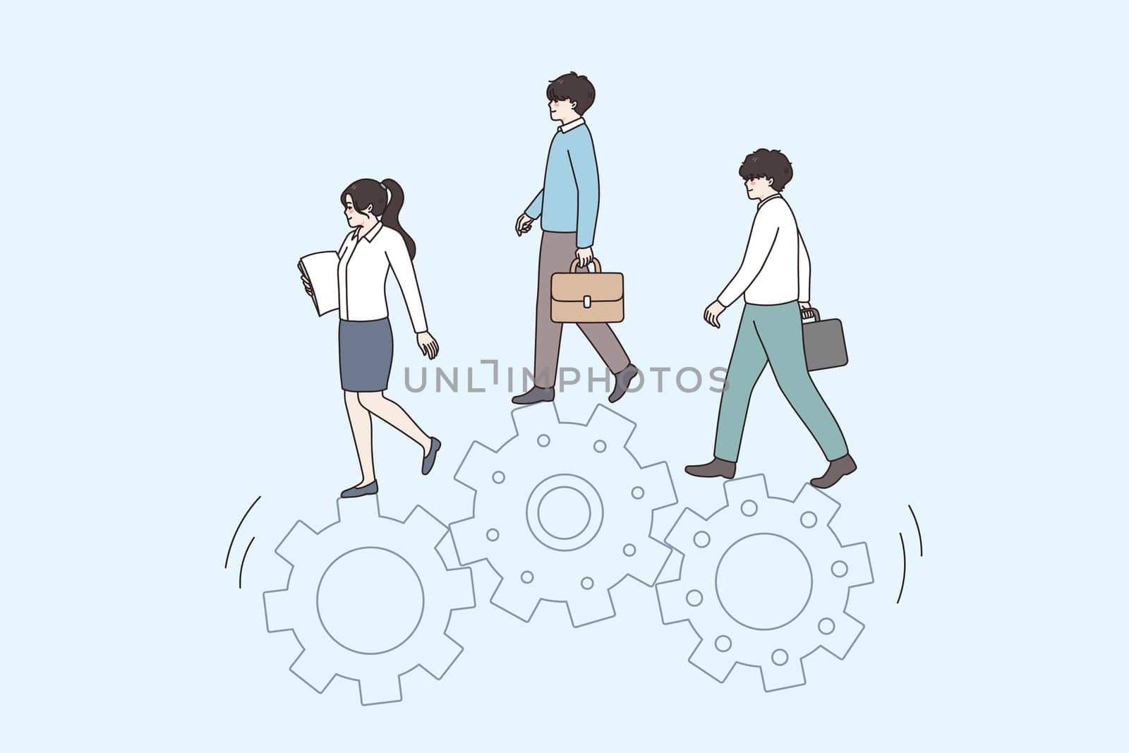 Businesspeople walk on gear wheels or cog work together cooperate for shared business goal or success. Diverse employees involved in teambuilding. Teamwork, company unity. Flat vector illustration.