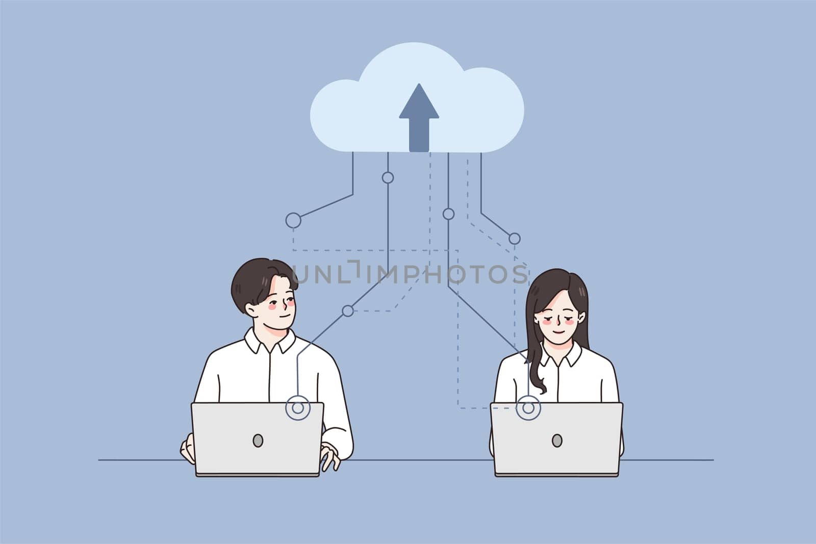 Businesspeople work on computers using cloud service. Employees or colleague busy with laptops take advantage of remote storage online. Modern technology for office job. Vector illustration.