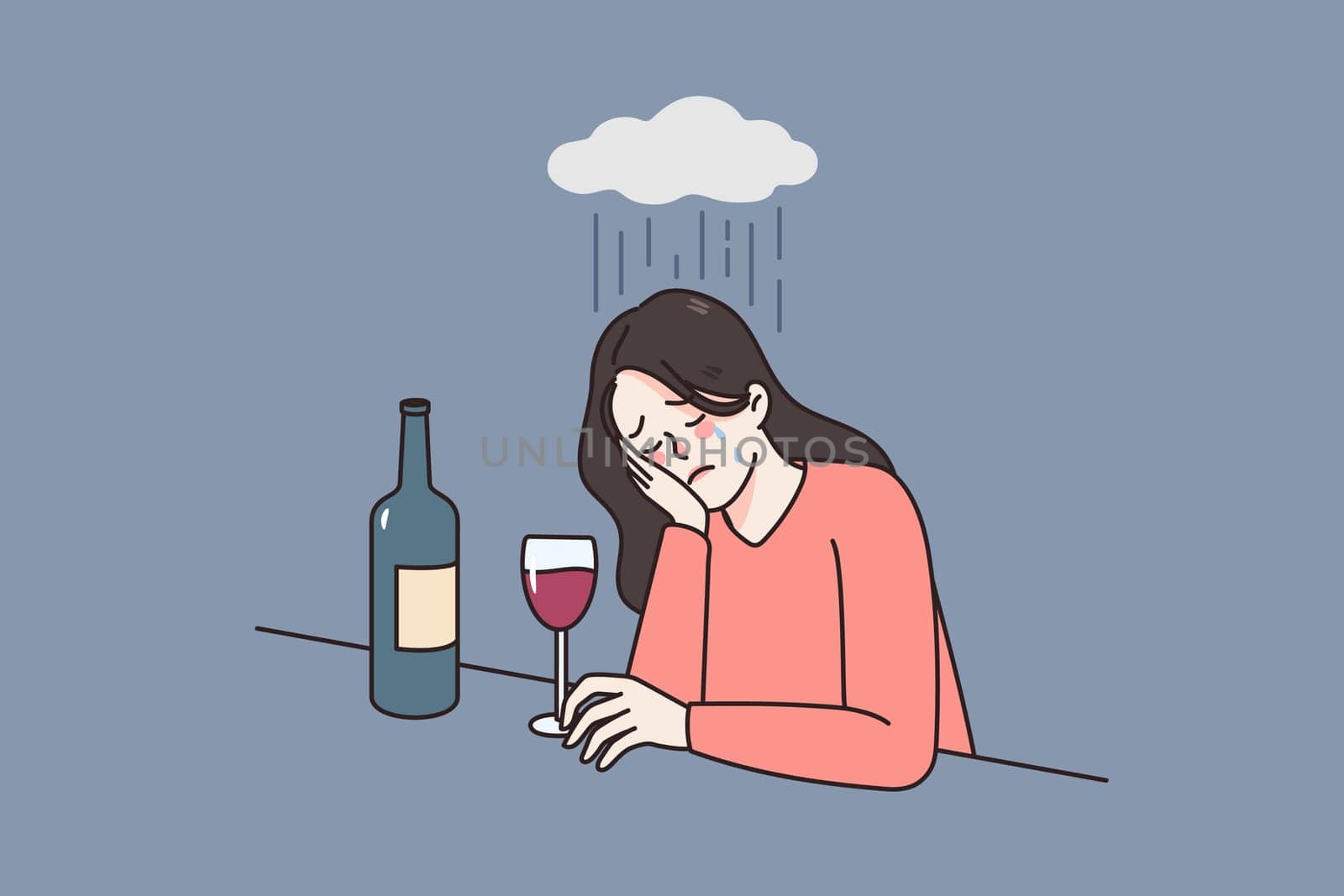 Distressed young woman suffer from depression drink wine have alcohol problems. Unhappy sad female alcoholic addict crying struggle with mental disorder need help. Flat vector illustration.