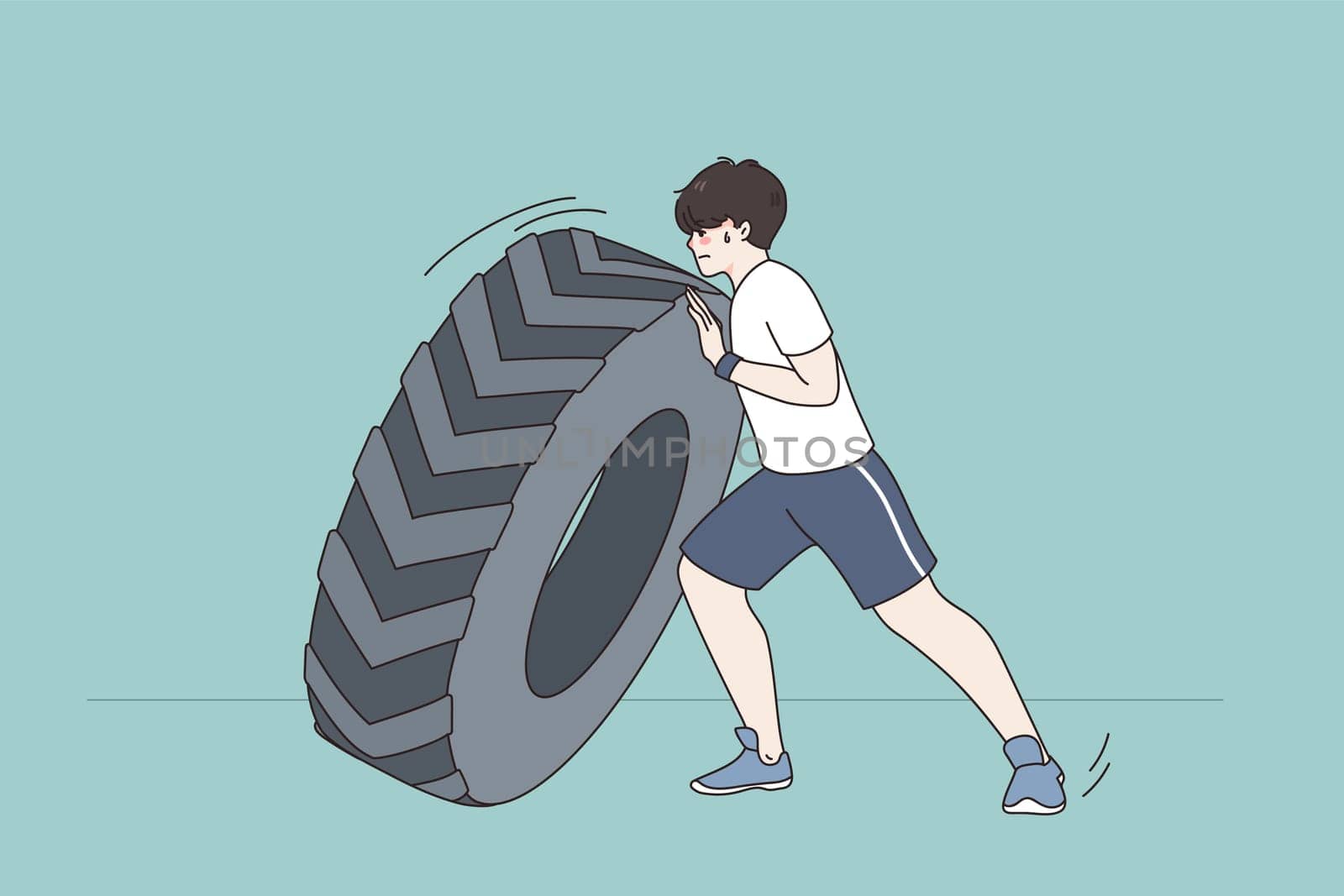Young sportsman push tire do workout exercise in gym. Toned strong man doing sports train with tyre outdoor. Crossfit and weightlifting. Healthy lifestyle concept. Flat vector illustration.