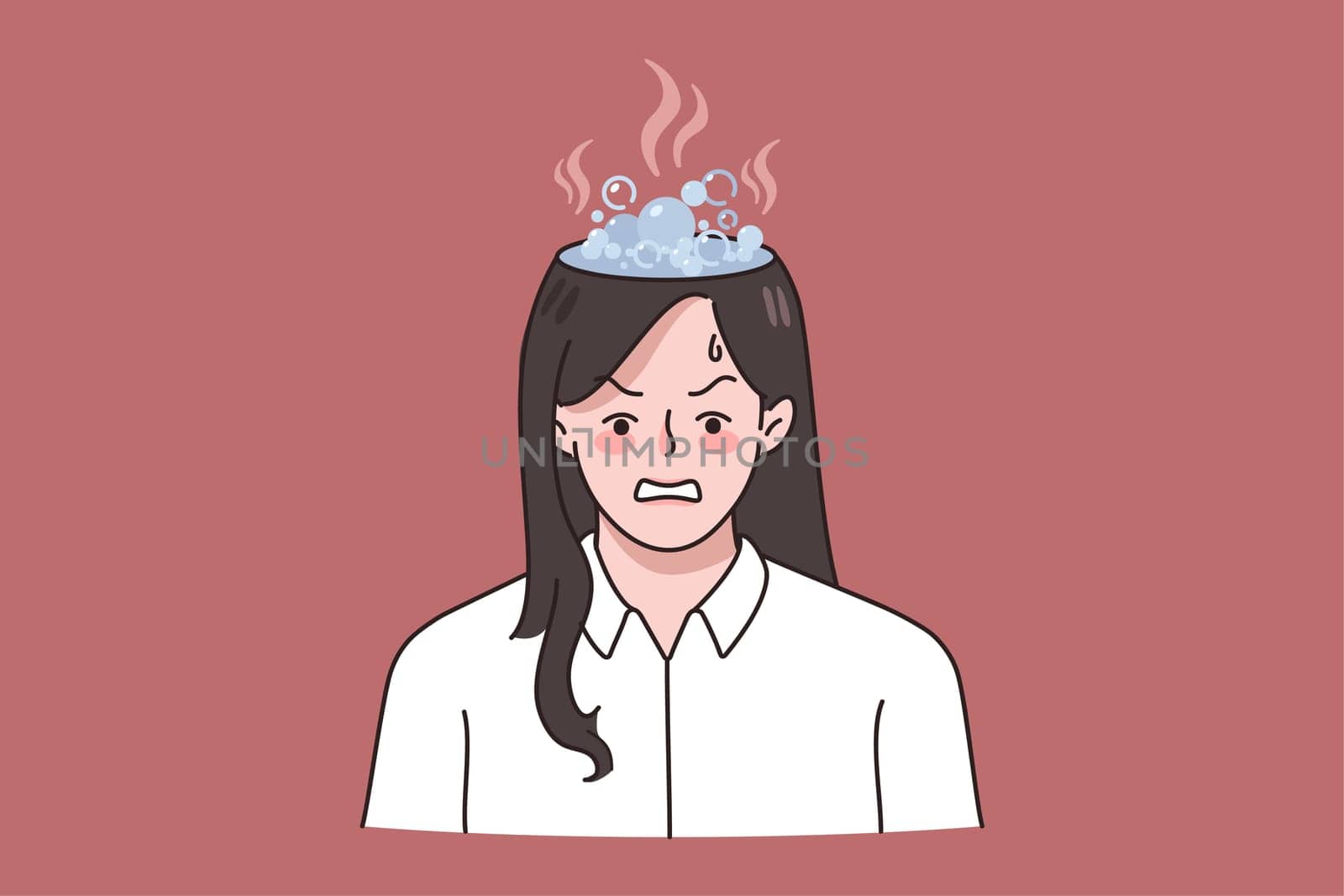 Stressed angry businesswoman with burning head brain overwhelmed with work schedule or deadline. Unhappy woman have mental breakdown or burnout. Psychological trauma. Vector illustration.