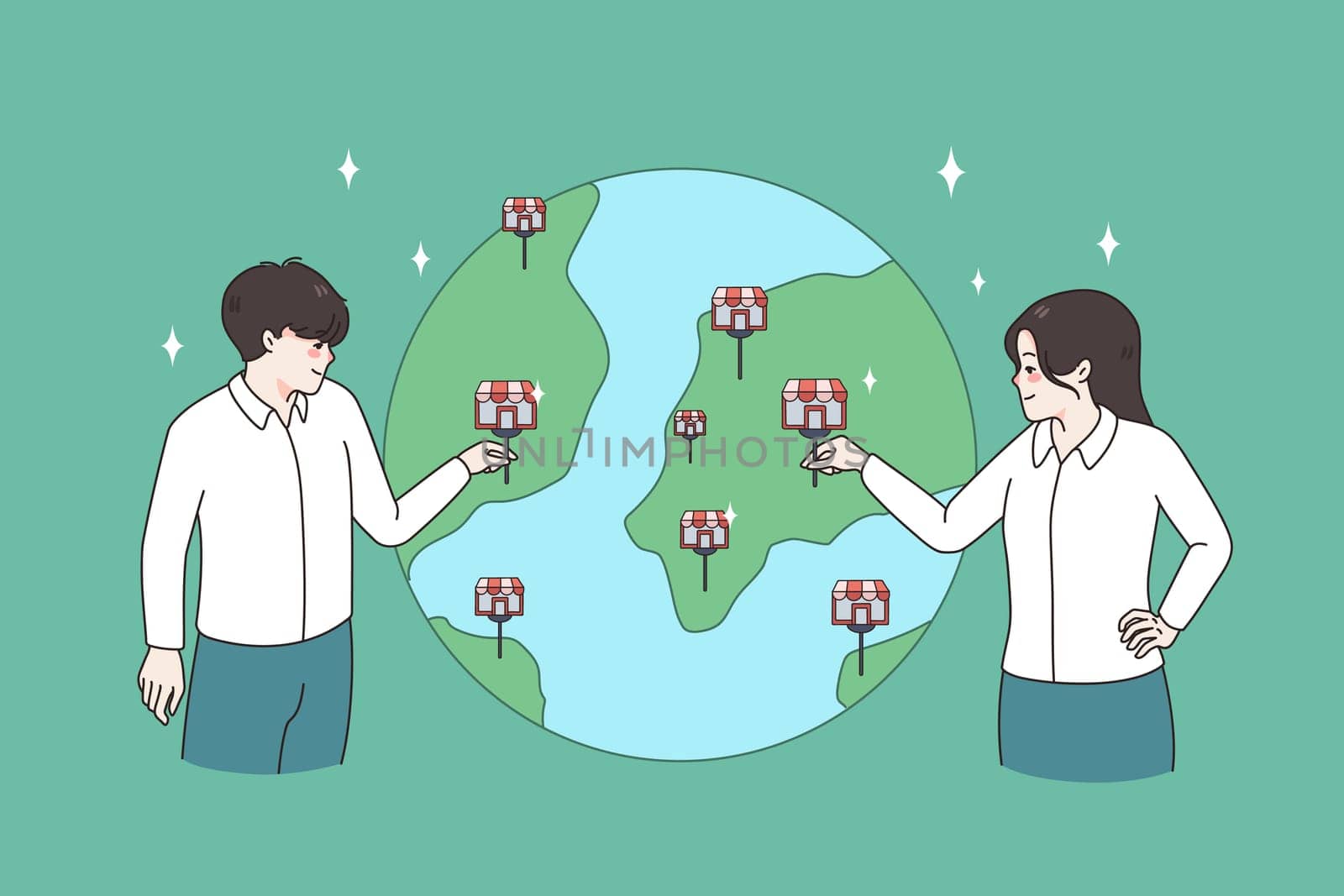 Businesspeople expand restaurant franchise network over globe. Successful people entrepreneurs share business worldwide, open new places around world. Entrepreneurship. Vector illustration.