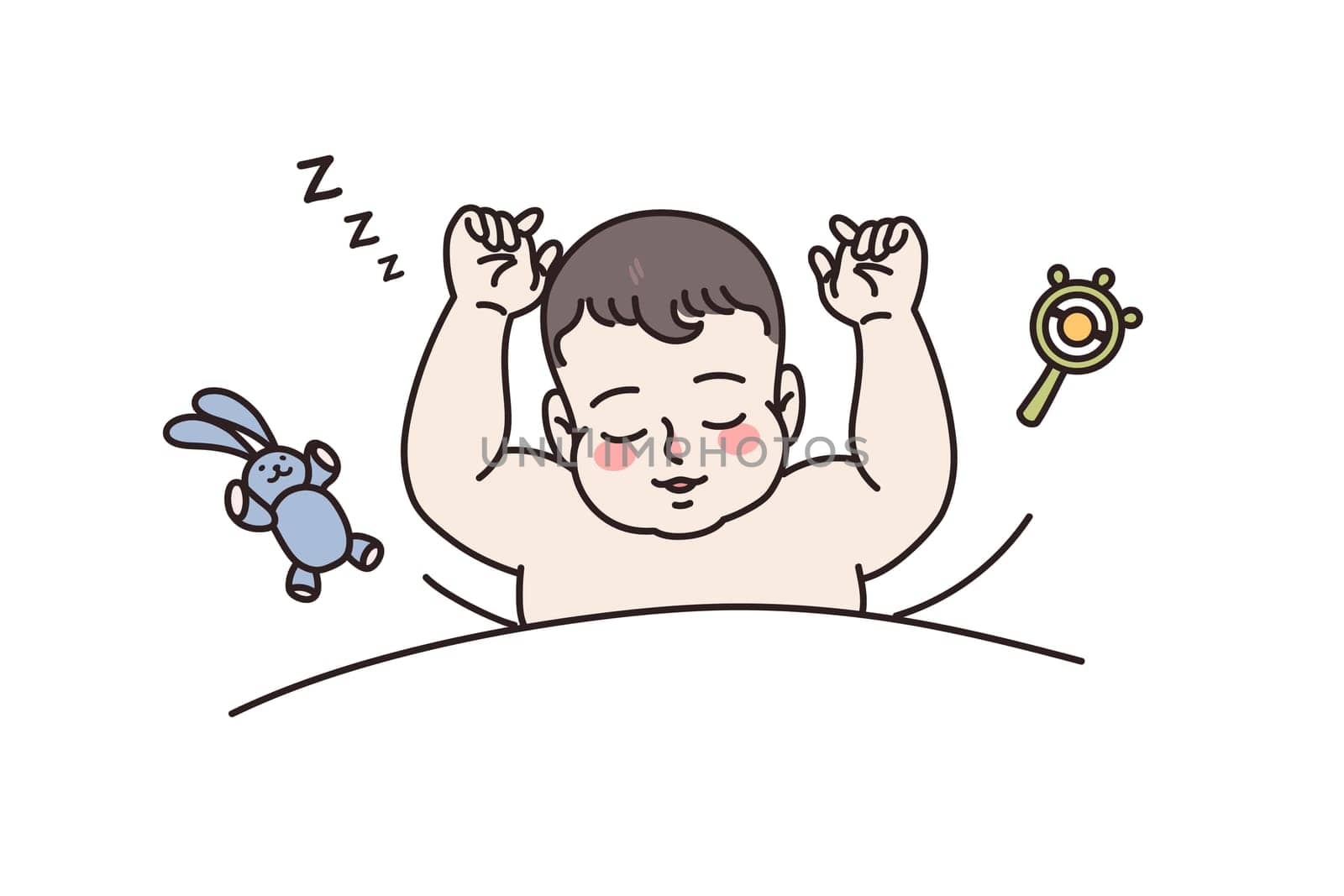 Cute healthy newborn baby sleep in bed with toys around. Little infant kid child relax nap daydream in cradle or bassinet. Childhood healthcare concept. Motherhood, parenthood. Vector illustration.
