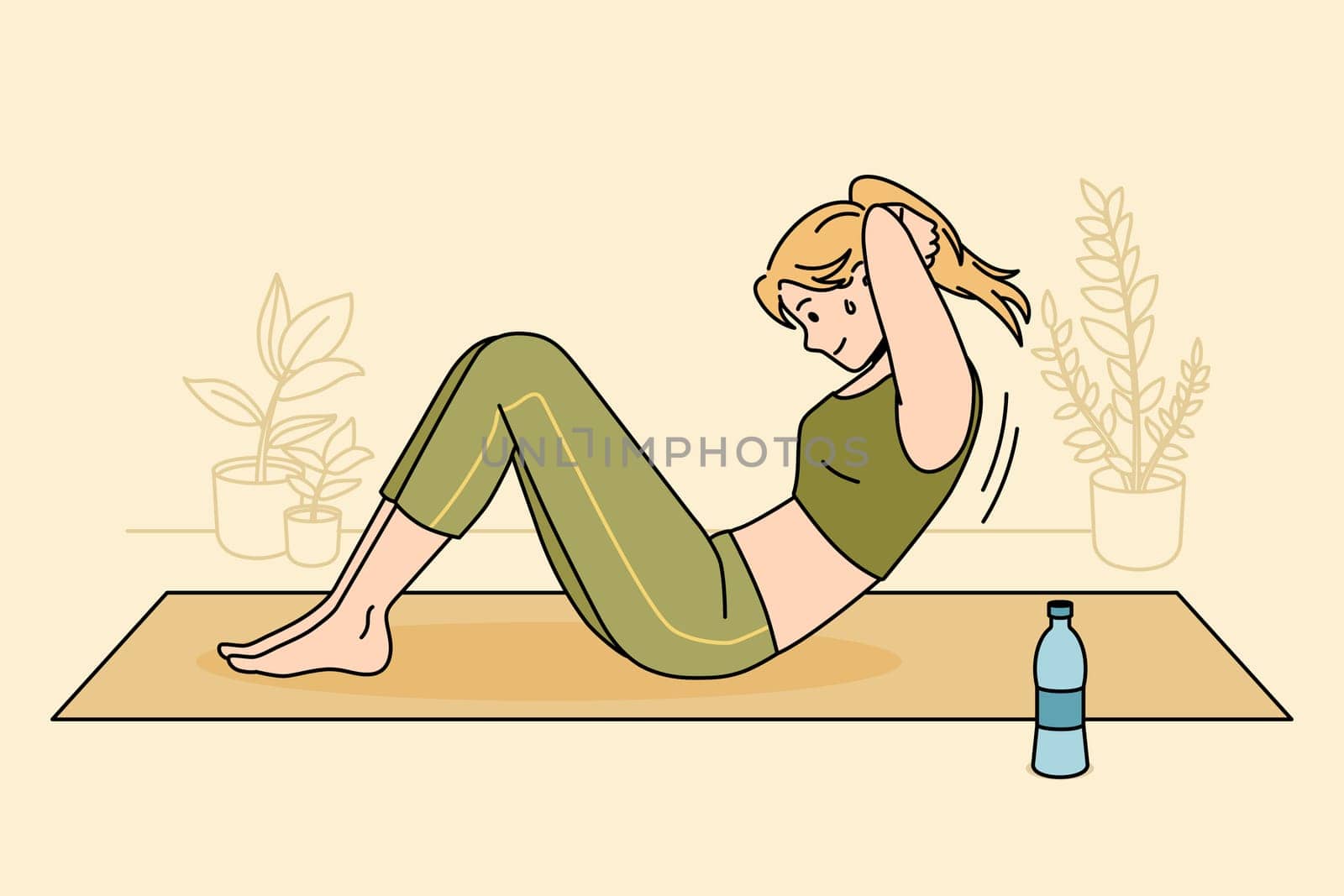 Active healthy lifestyle sport concept. Smiling sweating girl making sports exercise training at home on fitness mat for strong abs press vector illustration