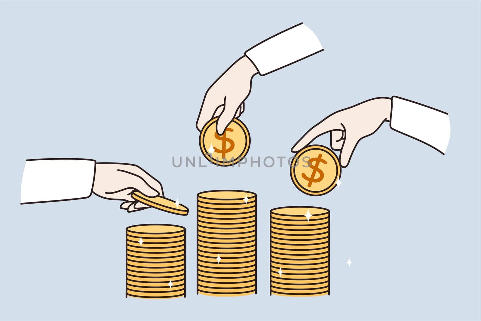 Close up of businesspeople put golden coins on stack make investment. Business people collect money engaged in deal or agreement. Bank loan or mortgage. Finances concept. Vector illustration.