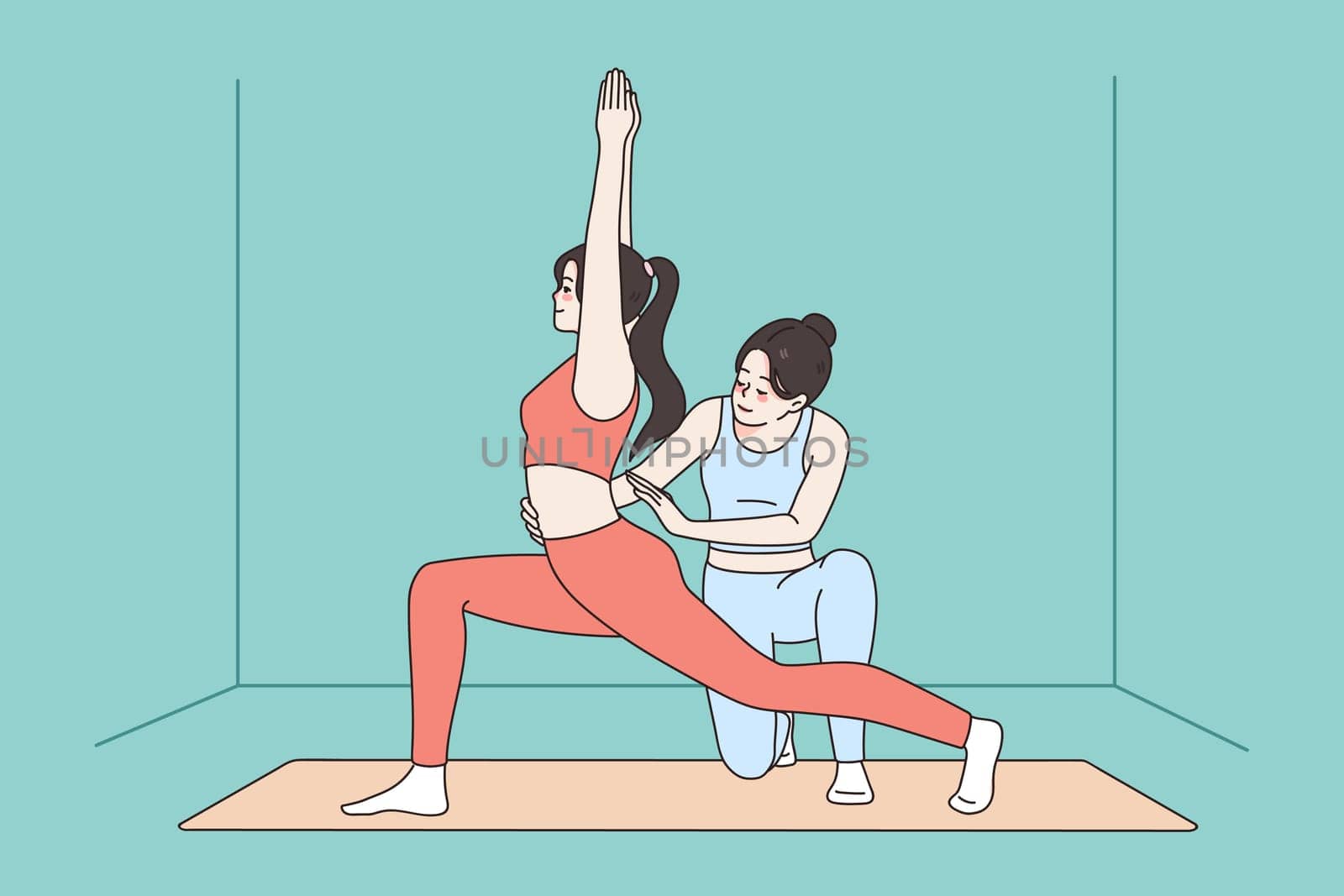 Trainer help female client with yoga pose exercise together in gym or studio. Coach assist woman practice stretching or meditate at class. Healthy lifestyle, sport concept. Vector illustration.