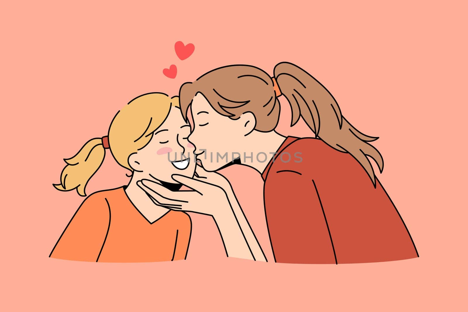 Happy motherhood and childhood concept. Young loving mother woman kissing her small girl daughter feeling love and care vector illustration