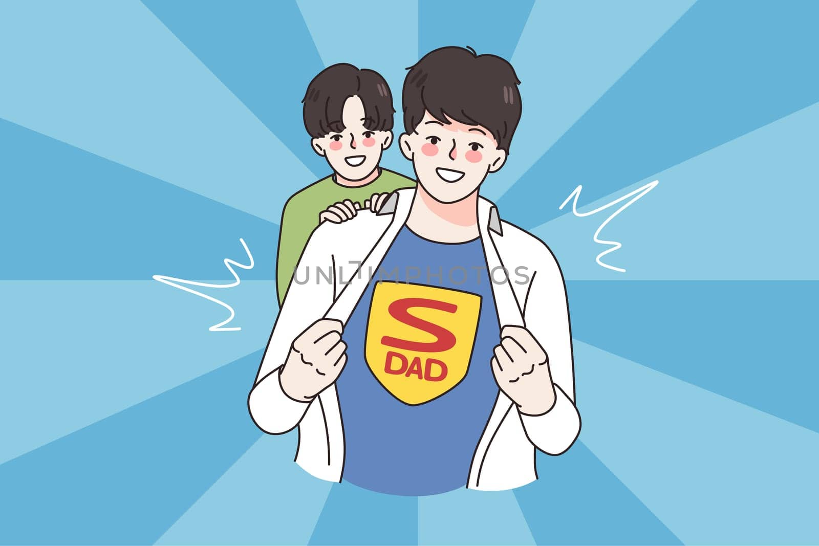 Smiling young Caucasian father show Super dad t-shirt have fun with small son. Happy little boy child hug daddy demonstrate love and care. Fatherhood, best parent concept. Flat vector illustration.