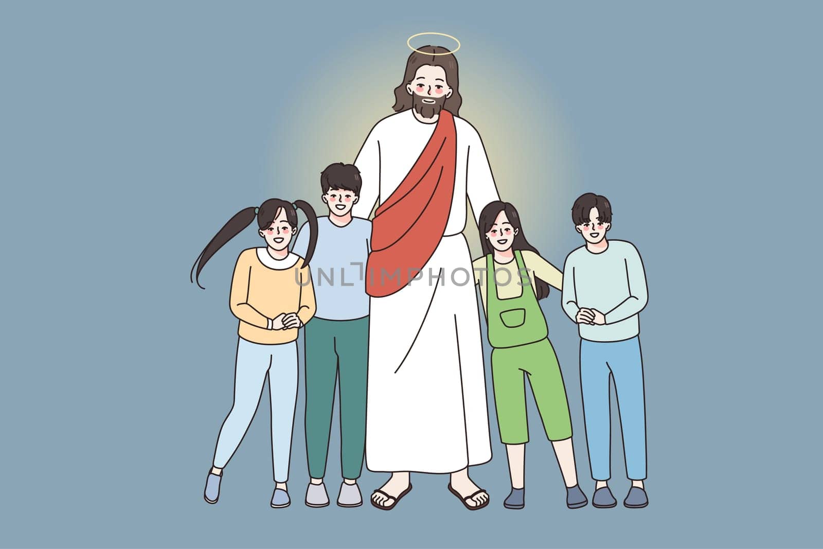 Happy Jesus hug embrace small smiling children