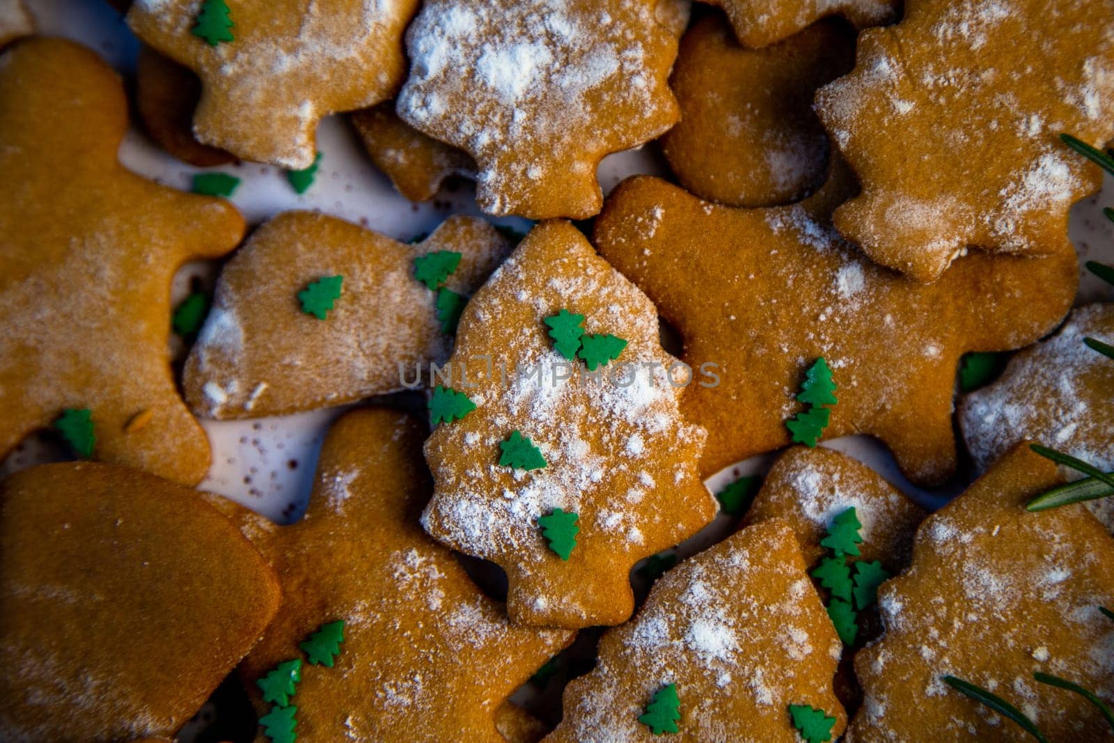 Cookies are on a plate of different shapes, in the foreground there is a cookie in the form of a Christmas tree, decorated with powdered sugar like snow and small green Christmas trees against the background of the rest of the cookies, a branch of rosemary is visible from the side. High quality photo