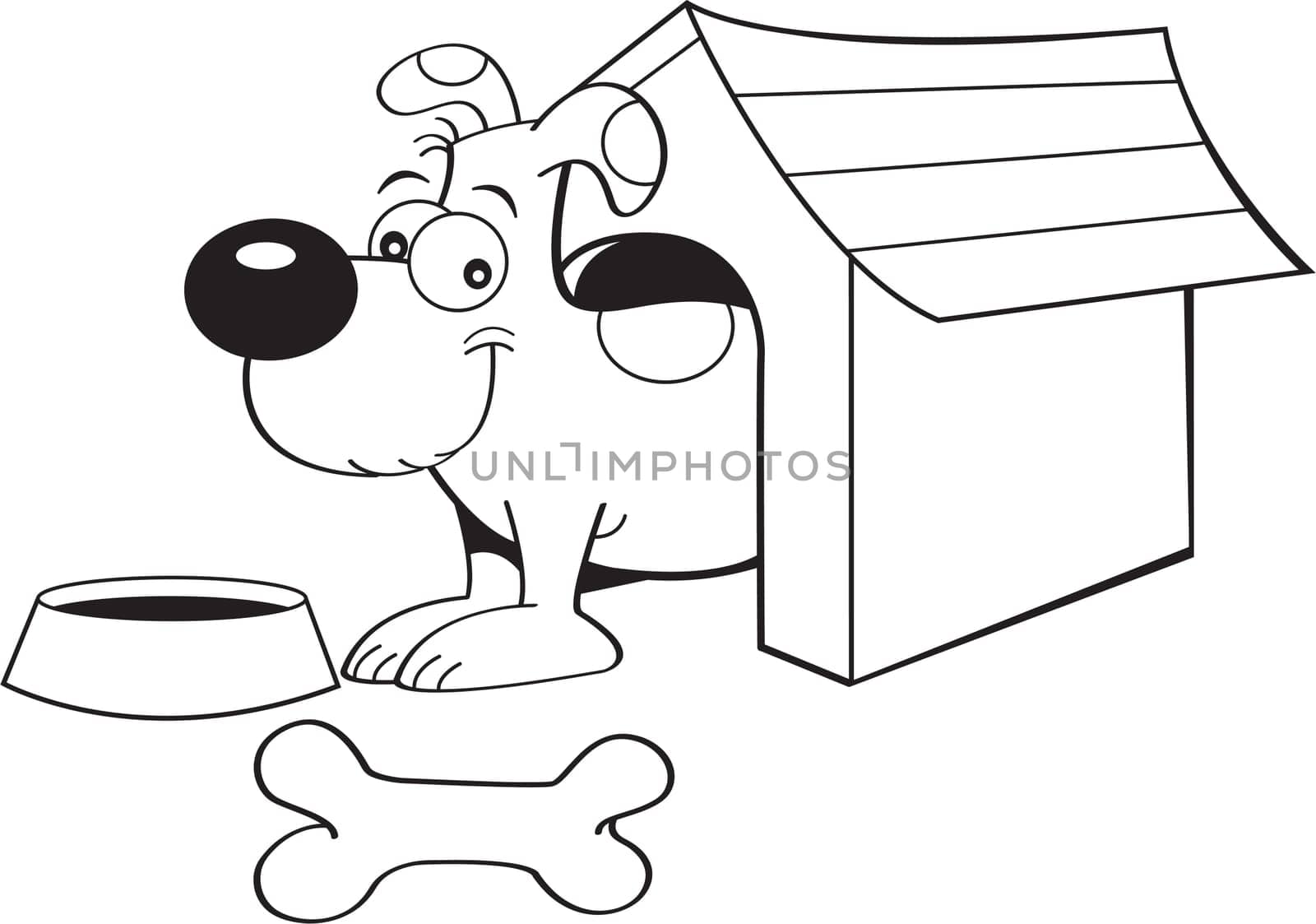 Black and white illustration of a dog in a doghouse.
