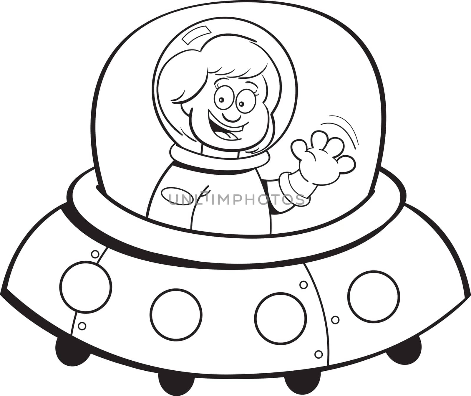 Black and white illustration of a girl in a spaceship.