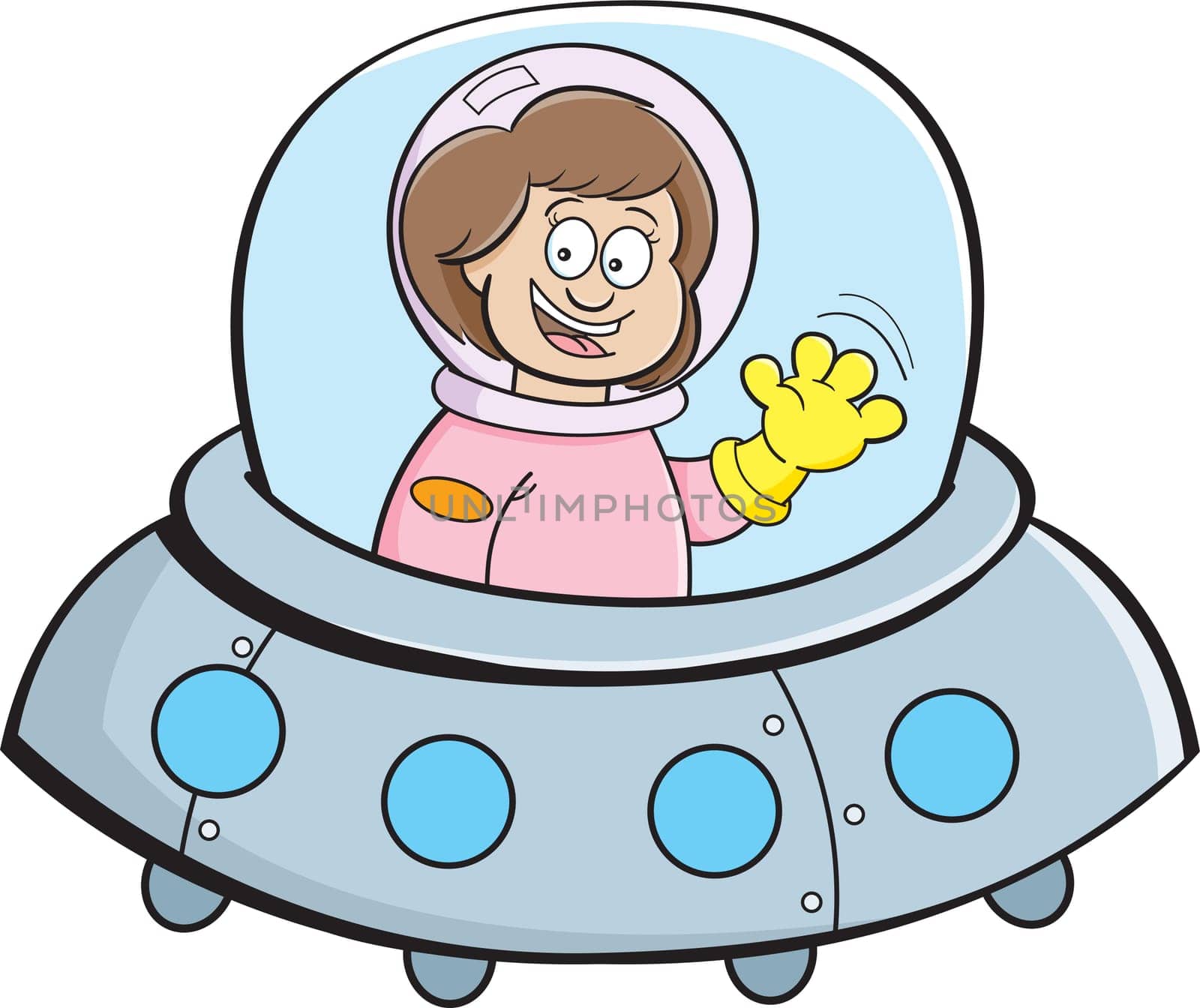 Cartoon illustration of a girl in a spaceship.
