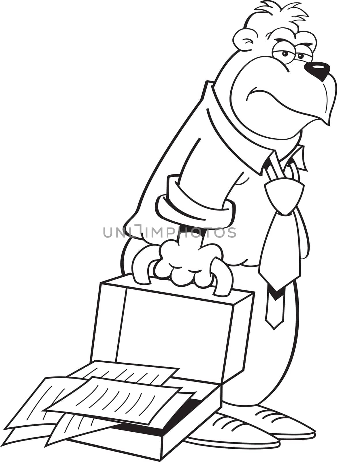 Black and white illustration of a tired gorilla with a briefcase.
