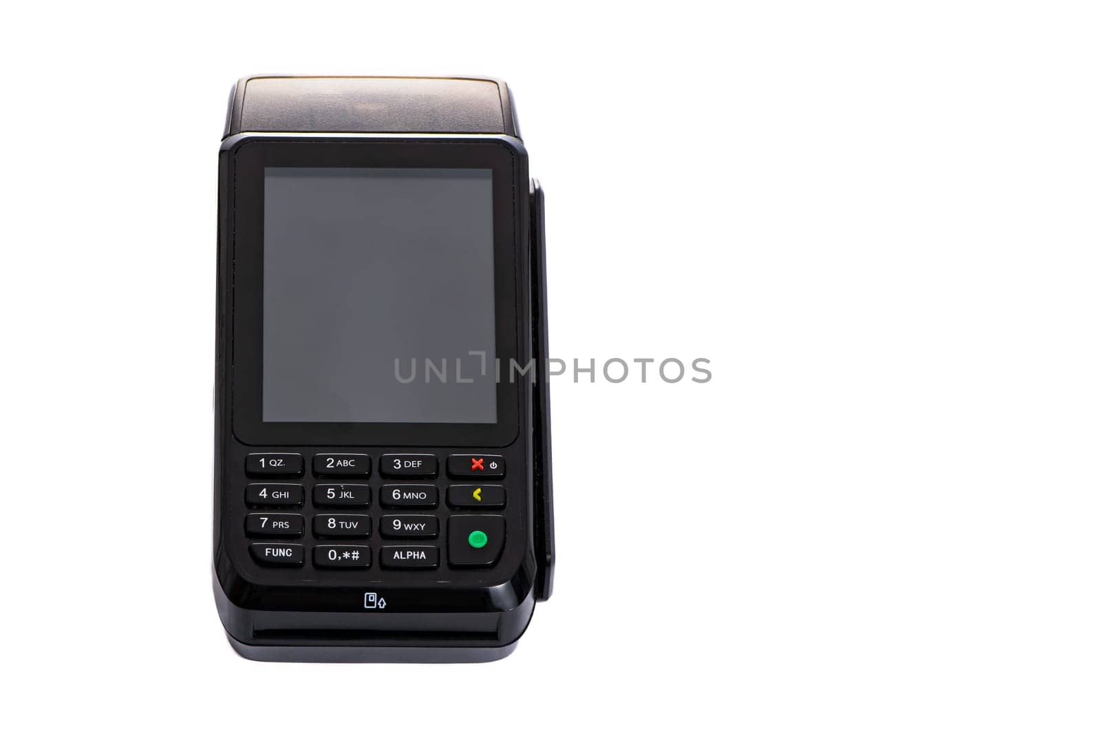 black payment terminal close-up for accepting money from plastic cards from customers on a white isolated background, copy space. High quality photo
