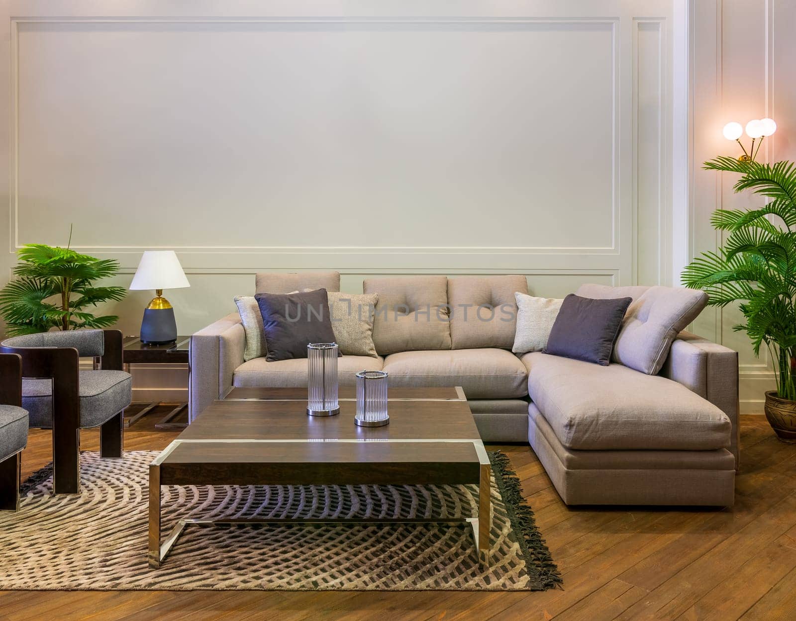 Comfortable grey sofa with cushions placed near square table on rug in spacious modern room with armchairs and green potted plants
