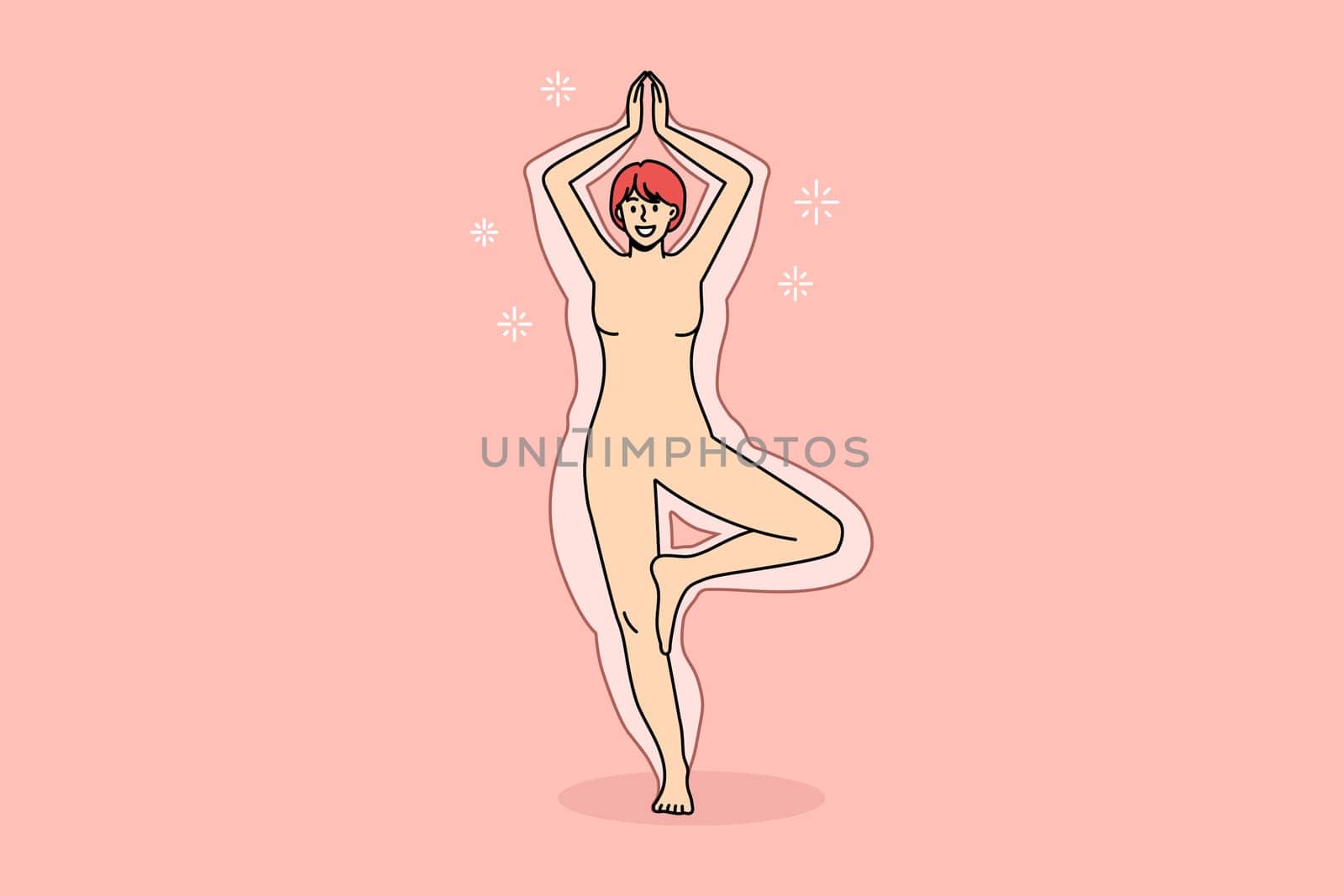 Meditating and practicing yoga concept. Young smiling woman standing balancing in yoga asana making yoga training feeling harmony vector illustration