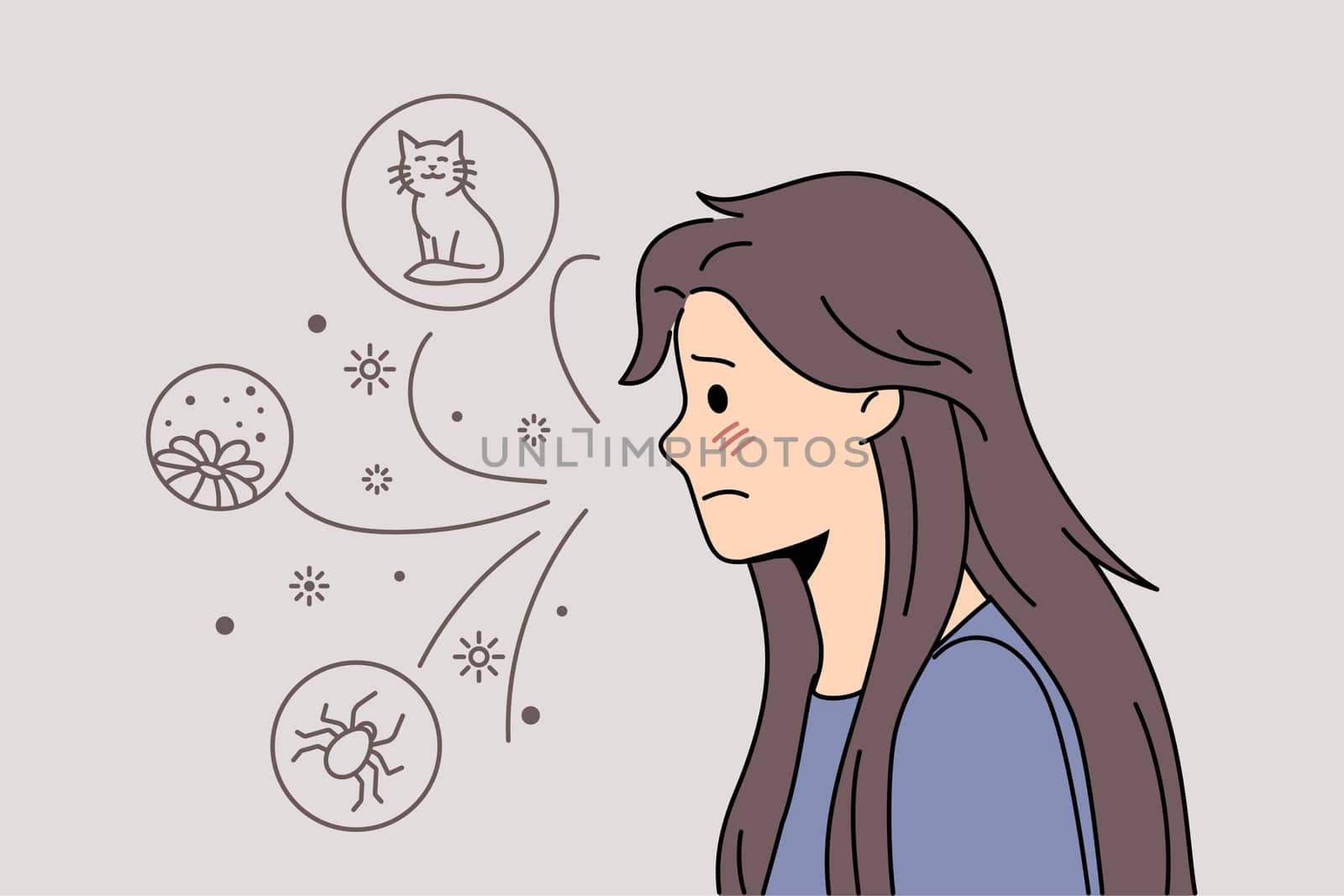 Allergy and being allergic concept. Sad woman with allergy thinking of cats blooming flowers and insects feeling disappointed vector illustration