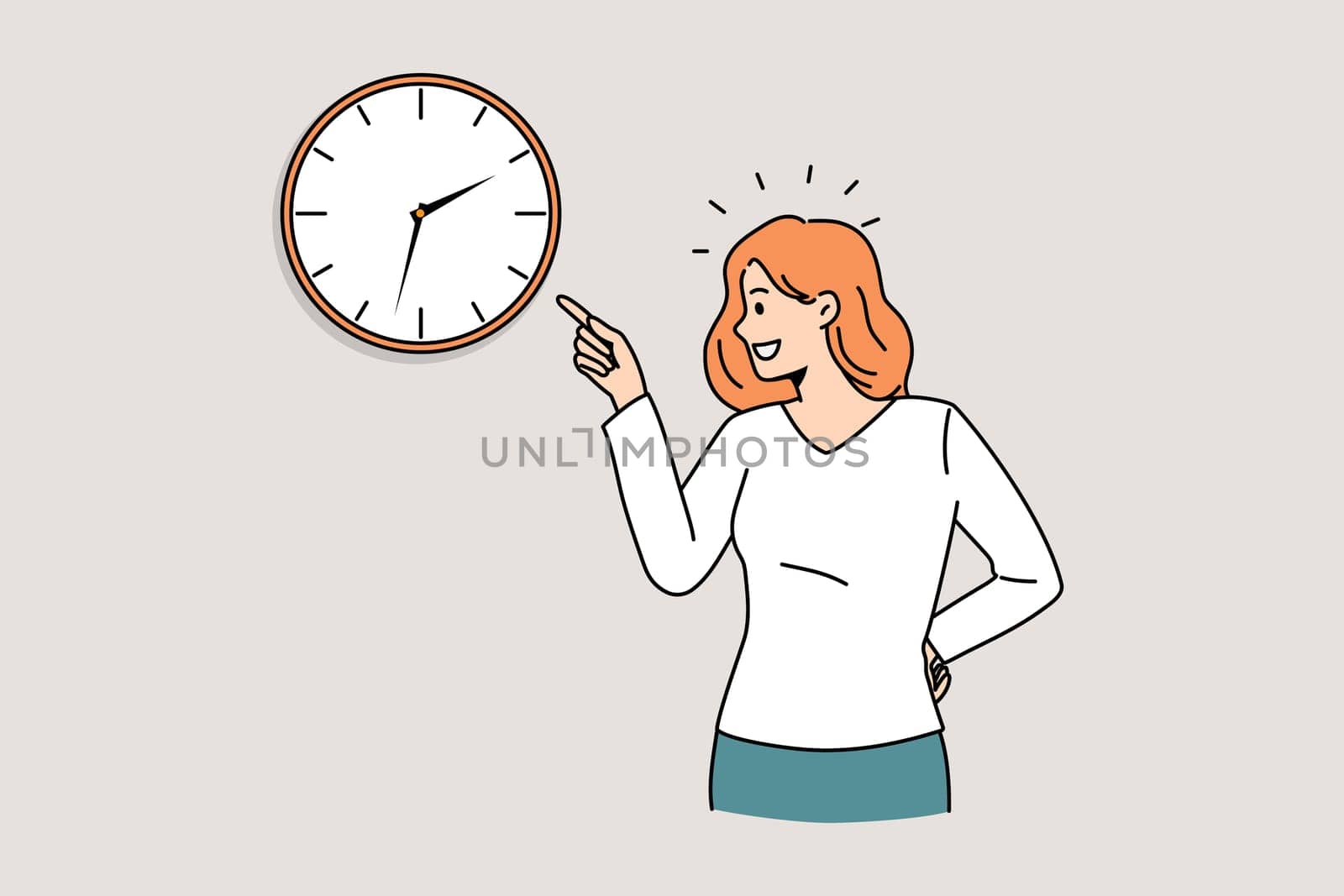 Time management and deadlines concept. Young smiling woman standing and pointing at time on wall watch clock feeling positive vector illustration