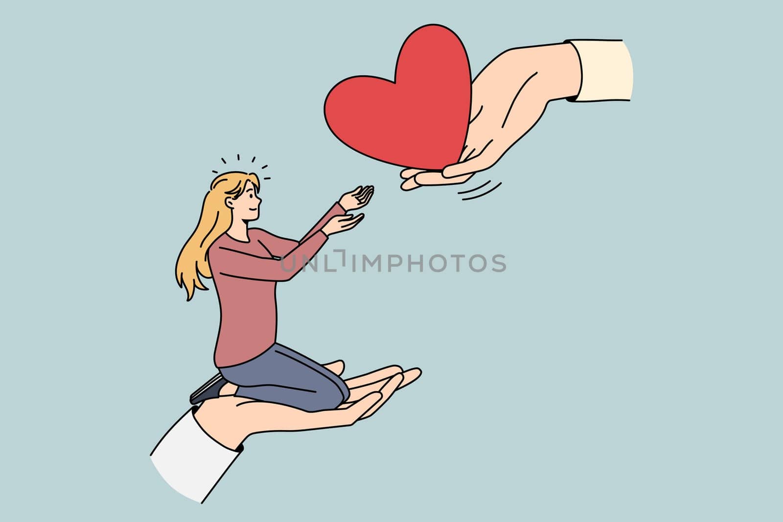 Giving and taking love concept. Young smiling blonde woman sitting on huge hand and taking big red heart from another human hand vector illustration