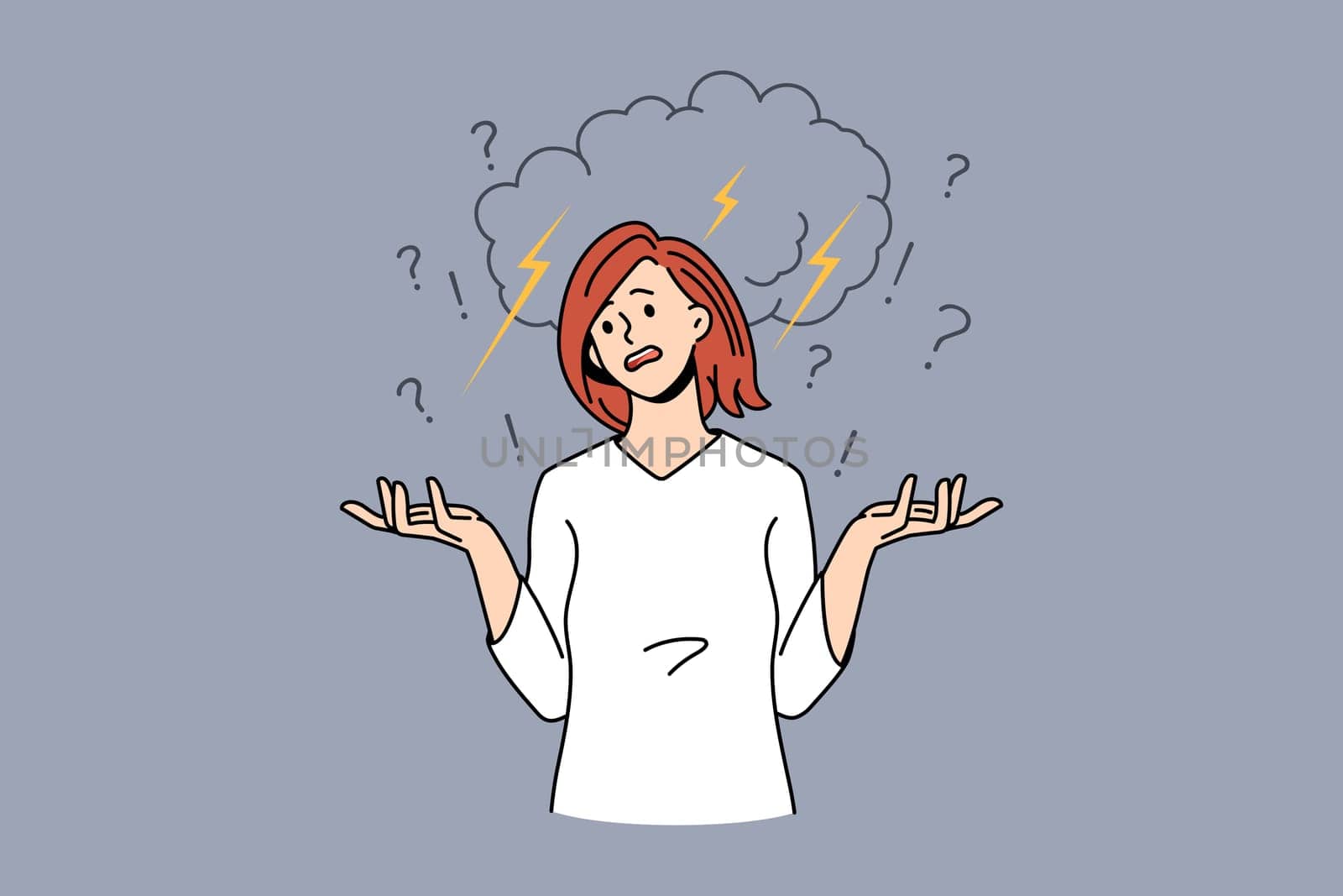 Feeling disappointed and angry concept. Young furious woman shouting with stormy rain and weather above from cloud feeling stressed and rage vector illustration