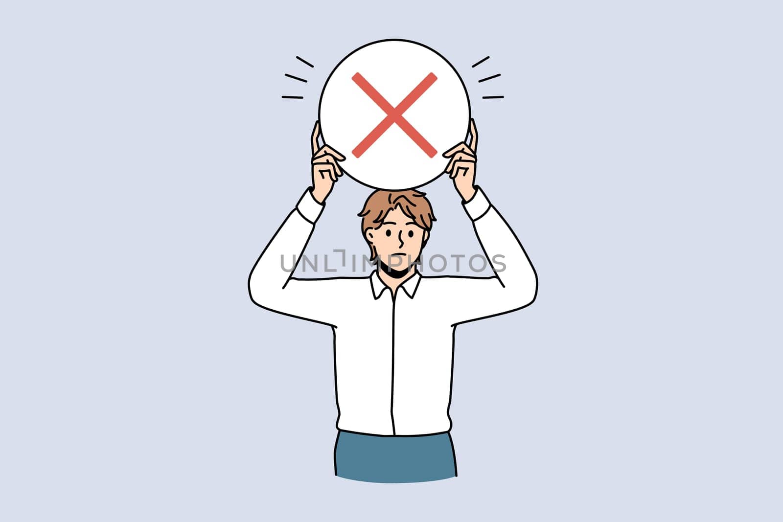 Stop and reject sign concept. Young frustrated serious man worker standing holding round red rejecting denying stop sign in hands vector illustration