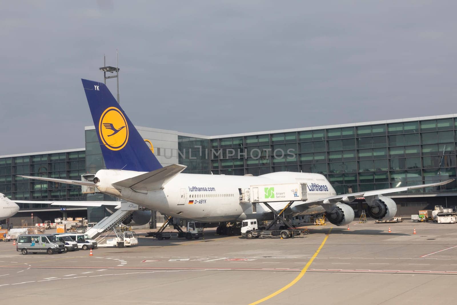 Frankfurt, Germany - March 19, 2020: Lufthansa Flight with Boeing 747 is ready for loading at Frankfurt airport.