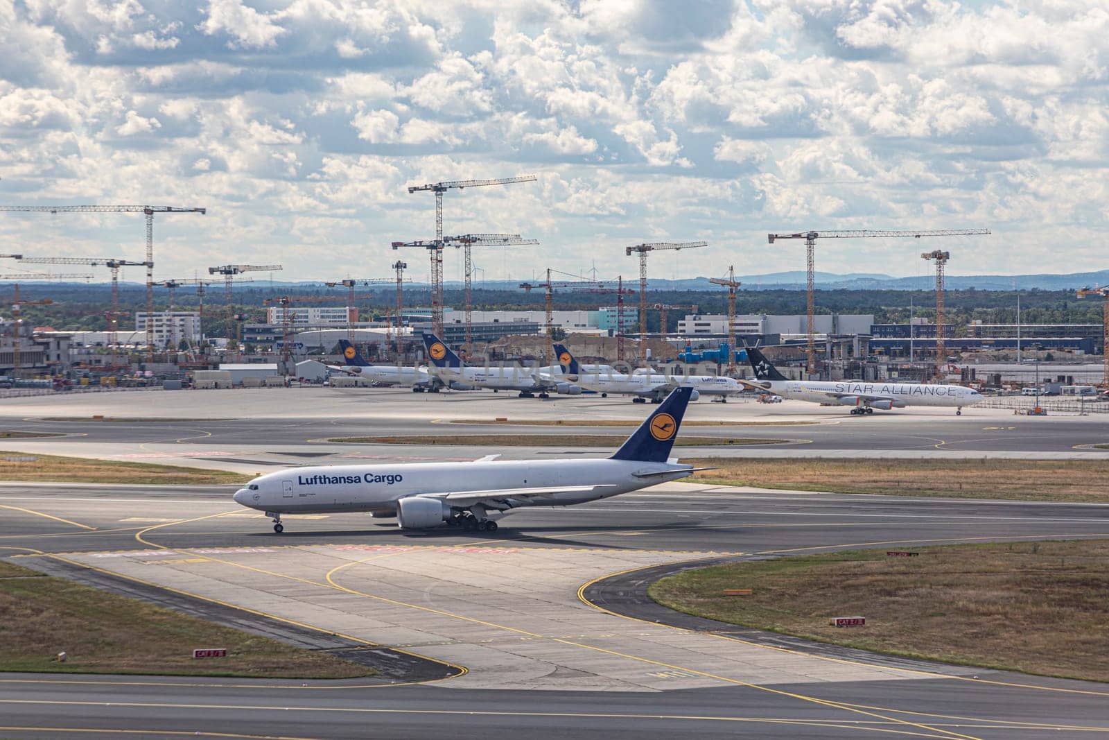 Frankfurt, Germany -July 11, 2020: Lufthansa cargo jet ready  for takeoff at Frankfurt airport.