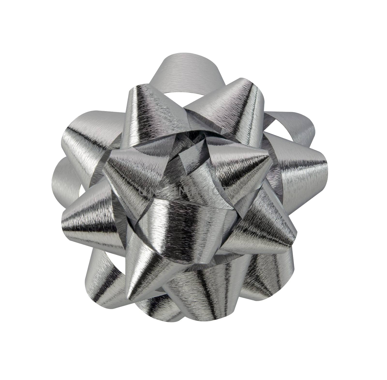 Silver glossy ribbon bow gift isolated on white background for seasonal greeting holiday, christmas, celebration and new year concept.