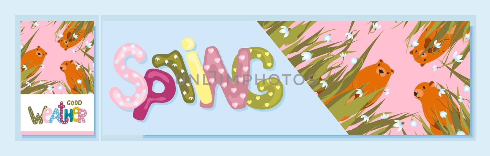 Happy Groundhog Day. Set of marmots tags. Text lettering for greeting card. Vector cartoon illustration. Cute stickers or tags or banner of marmot day as funny marmot cartoon. February 2.