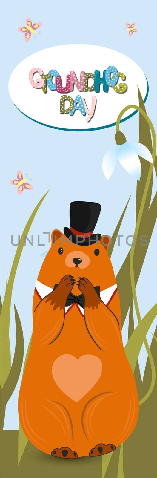 Happy groundhog Day. vertical banner of marmots. Text lettering for greeting card. Vector cartoon illustration. Cute marmot day poster as a funny woodchuck cartoon. February 2.